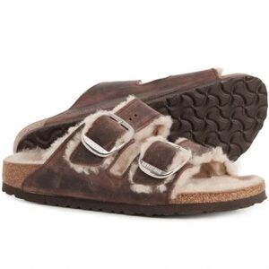 New Birkenstock Arizona Big Buckle Shearling Sandals Leather Brown US 8 / EUR 39